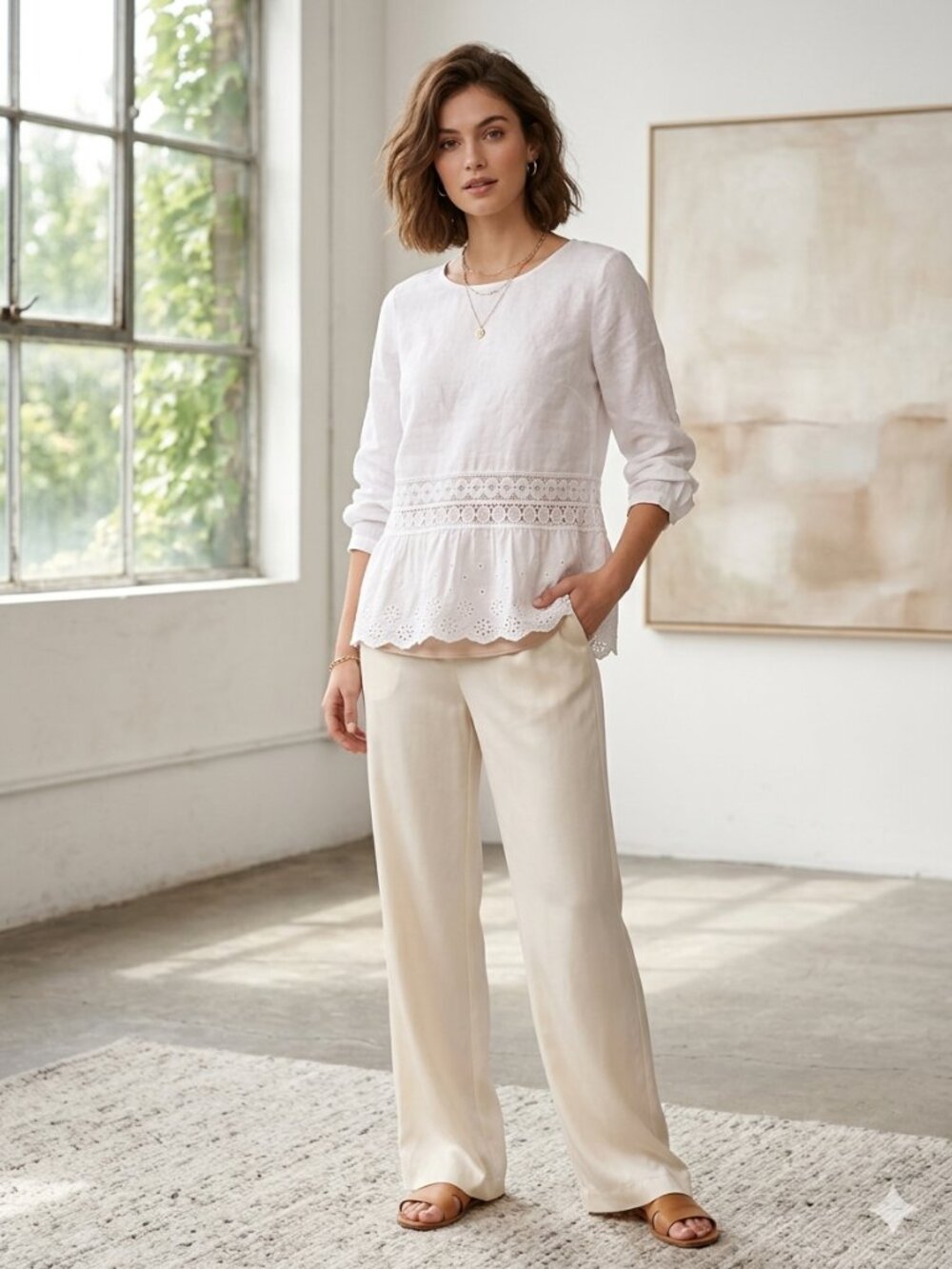 100% Linen Cotton Lace Blouse
